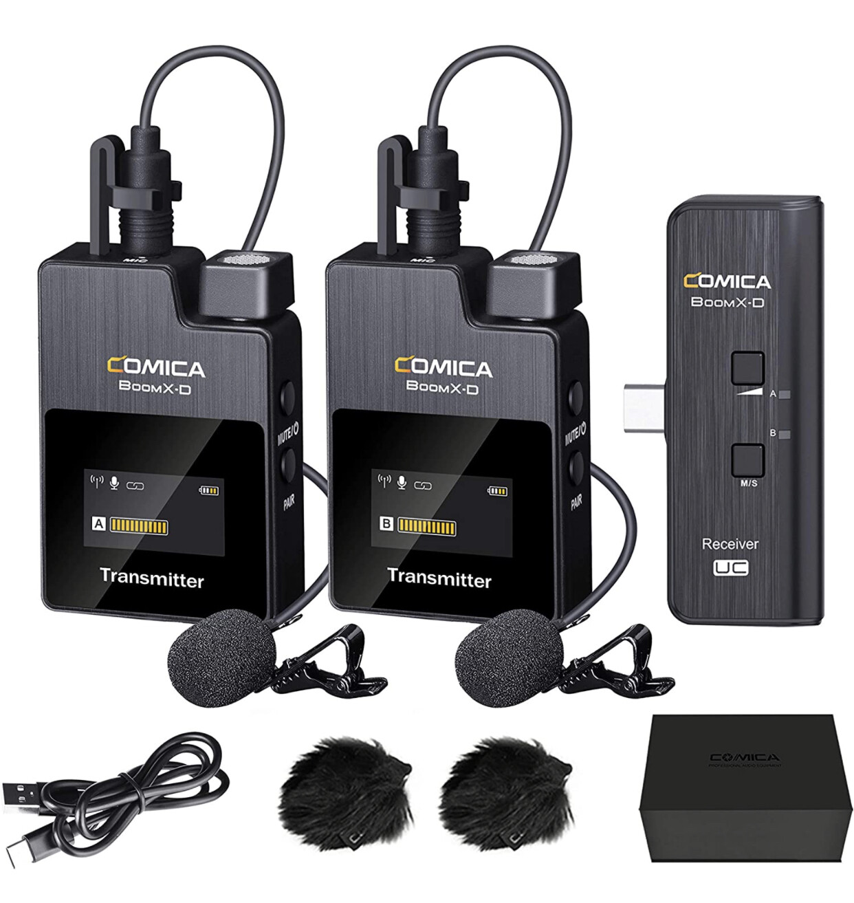 Comica BoomX-DUC2 2.4G Wireless Microphone for USB C Phone, Dual Lavalier Lapel Microphone