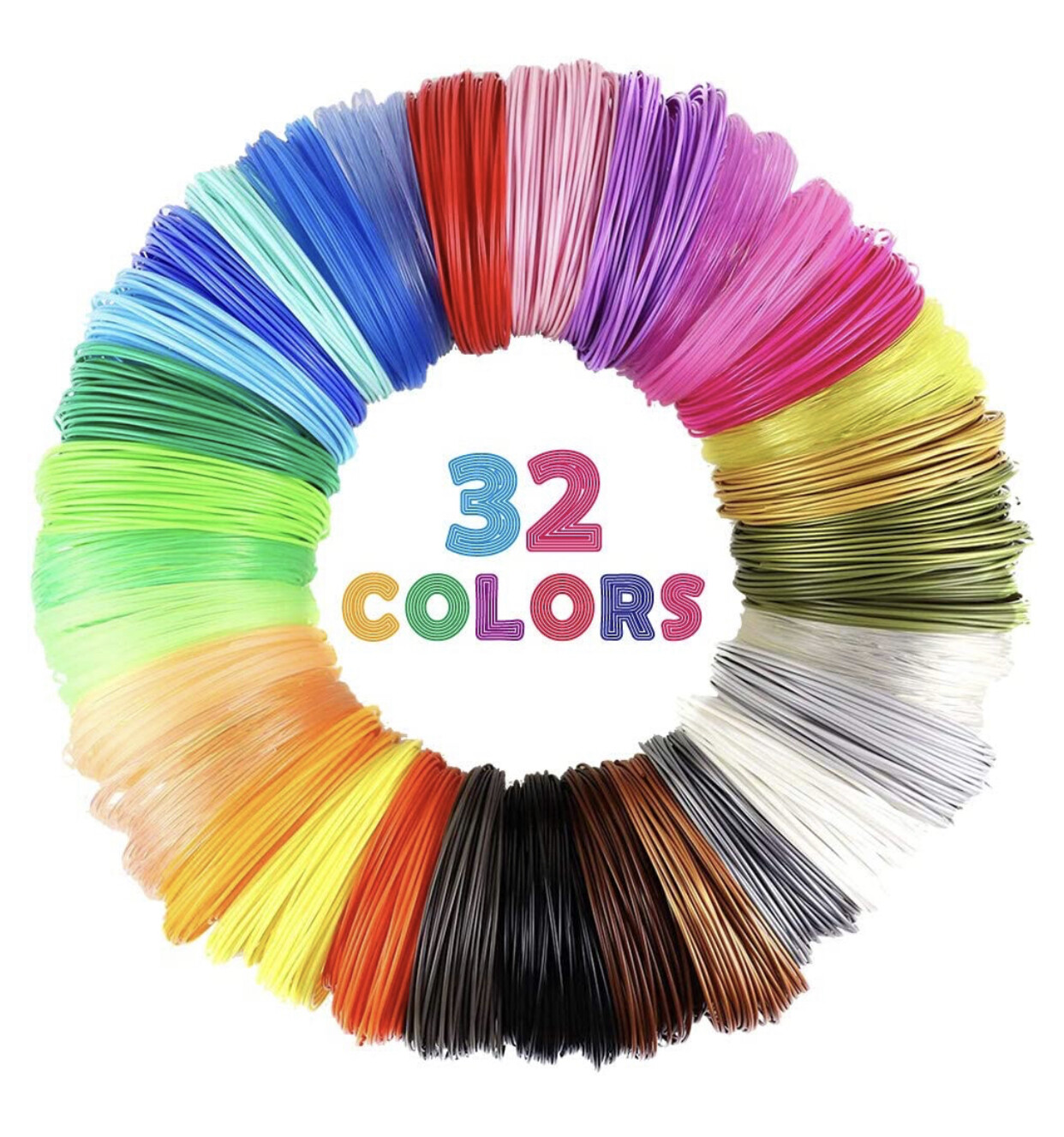 32 Colors 3D Pen PLA Filament Refills, Each Color 10 Feet, Total 320 feet, Pack with 4 Finger Caps