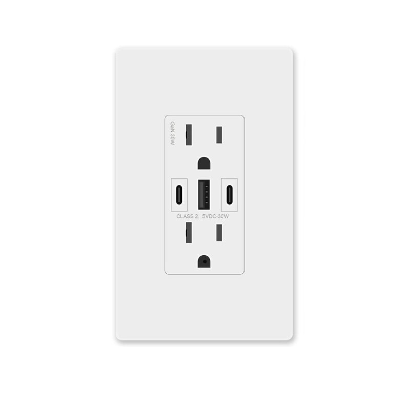 Amerisense GaN 30W 6Amp 3-Port USB Wall Outlet, 15 Amp Tamper-Resistant Receptacle