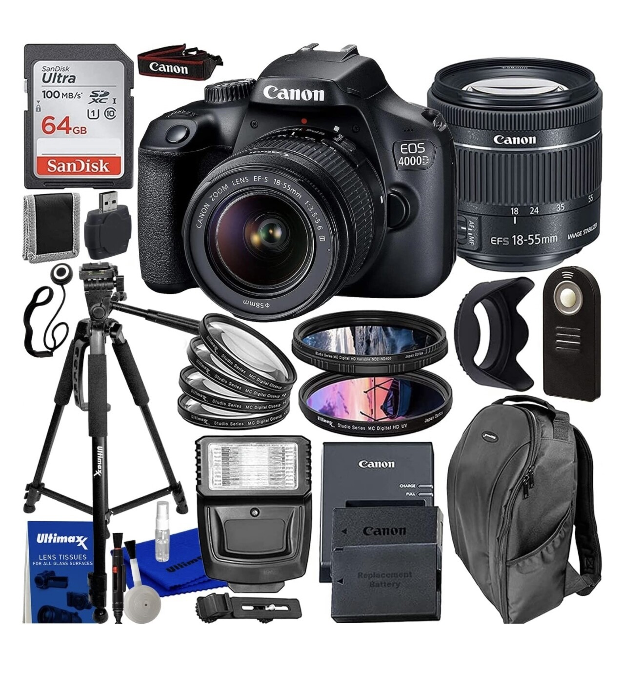 Canon EOS 4000D/Rebel T100 DSLR Accessory Bundle Complete with Canon EOS 4000D Camera &amp; EF-S 18-55mm f/3.5-5.6 Lens