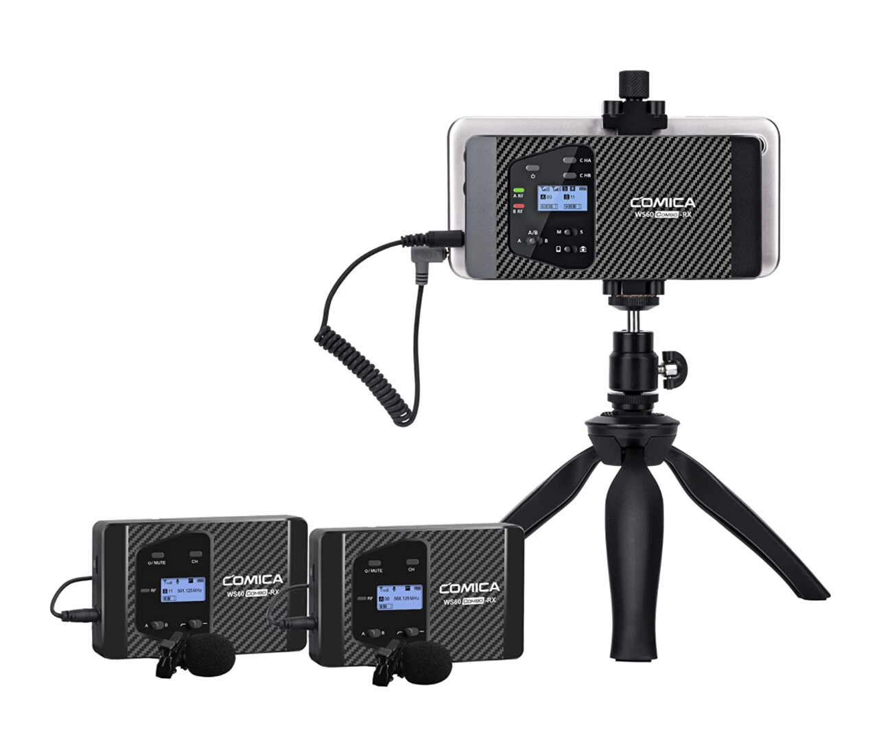 Wireless Smartphone Microphone Comica CVM-WS60 UHF 12 Channels Dual Wireless Lavalier Microphones