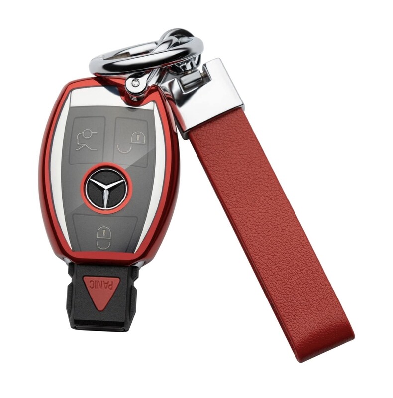 Funda para llave Mercedes-Benz con llavero de cuero rojo