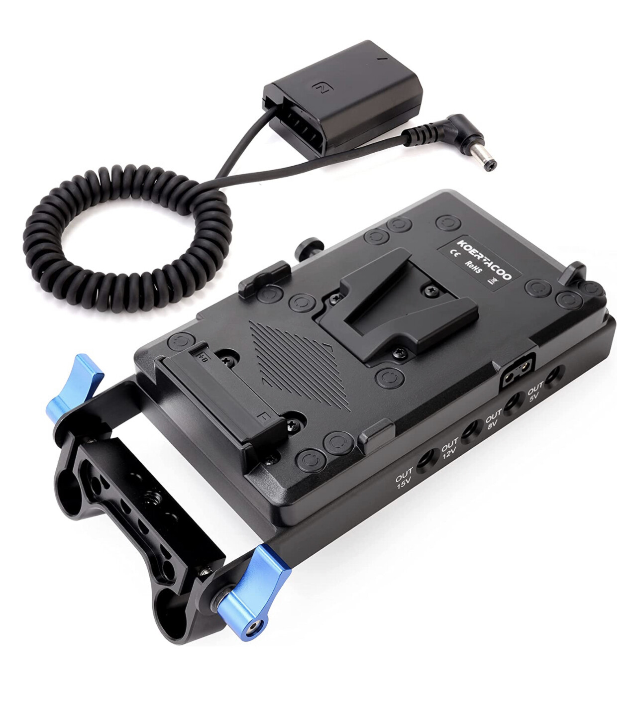 KOERTACOO V-Mount Lock Battery Plate Power Supply Splitter Adapter with 15mm Rod Clamp + NP-FZ100 Dummy Battery