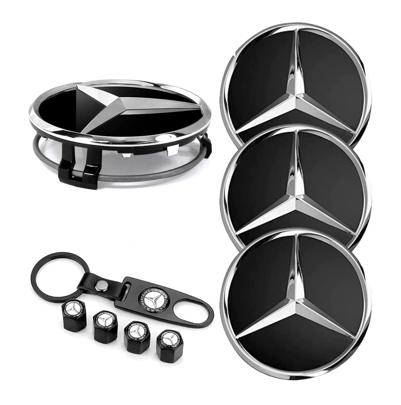 Tapas de centro de rueda para Mercedes-Benz, 75mm + 4 tapas de válvula + Llavero Mercedes Benz