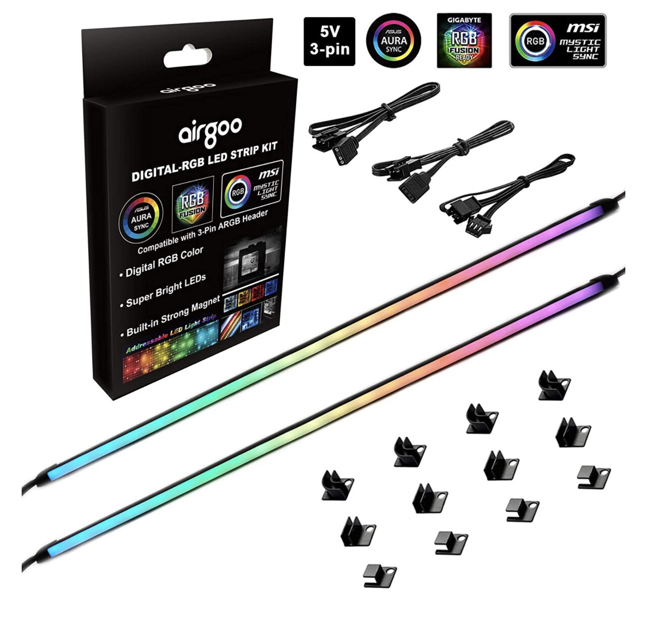 NEON direccionable RGB PC LED Strip, 2x15.7 pulgadas Difundido Arco Iris Magnético ARGB Strip para 5V 3-pin