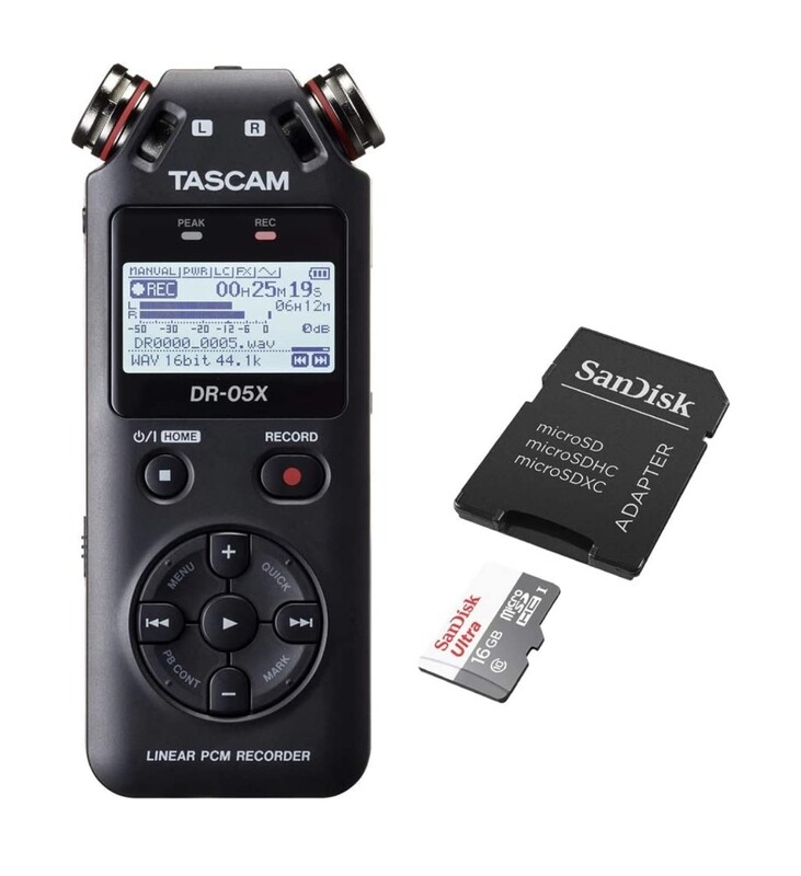 Tascam DR-05X Grabadora de audio portátil de 2 entradas y 2 pistas con micrófono estéreo integrado y tarjeta de memoria microSDHC de 16 GB con adaptador SD Bundle