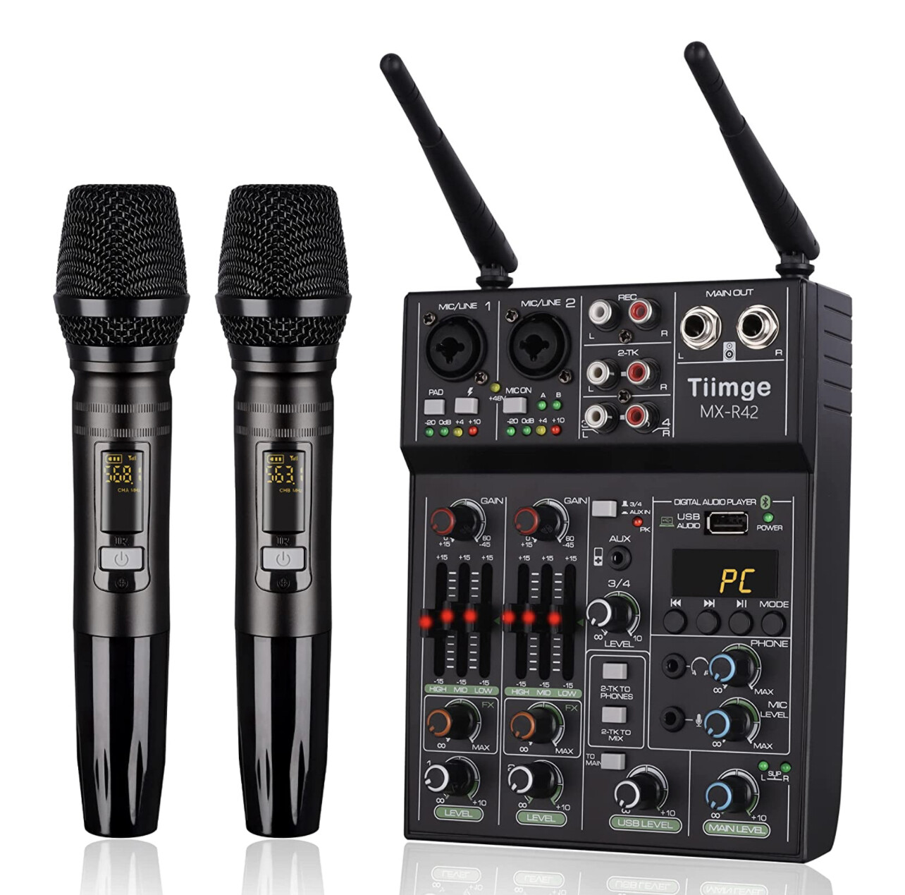 Professional Audio Mixer With Dual Wireless Microphone, Sound Board Console System Interface 4 Channel Dj Mixer