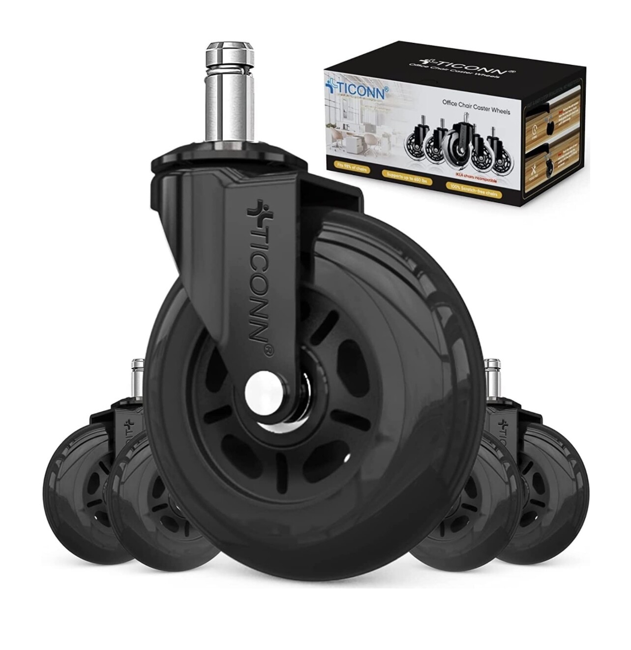 TICONN Office Chair Caster Wheels Set of 5 for Tile, Hardwood Floors and Carpets, Universal Fit for Most Chairs