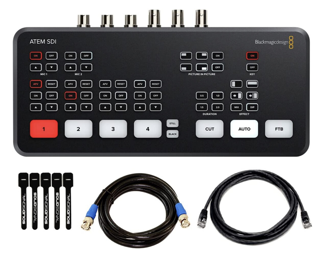 Blackmagic Design ATEM SDI Live Stream Switcher Bundle con 8&#39; 6G-SDI Cable, 7&#39; Cat5e Cable, y 5-Pack de SolidSignal Cable Ties