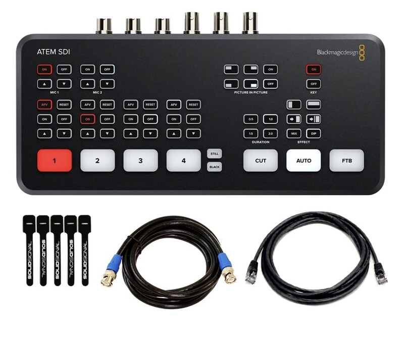 Blackmagic Design ATEM SDI Live Stream Switcher Bundle con 8&#39; 6G-SDI Cable, 7&#39; Cat5e Cable, y 5-Pack de SolidSignal Cable Ties