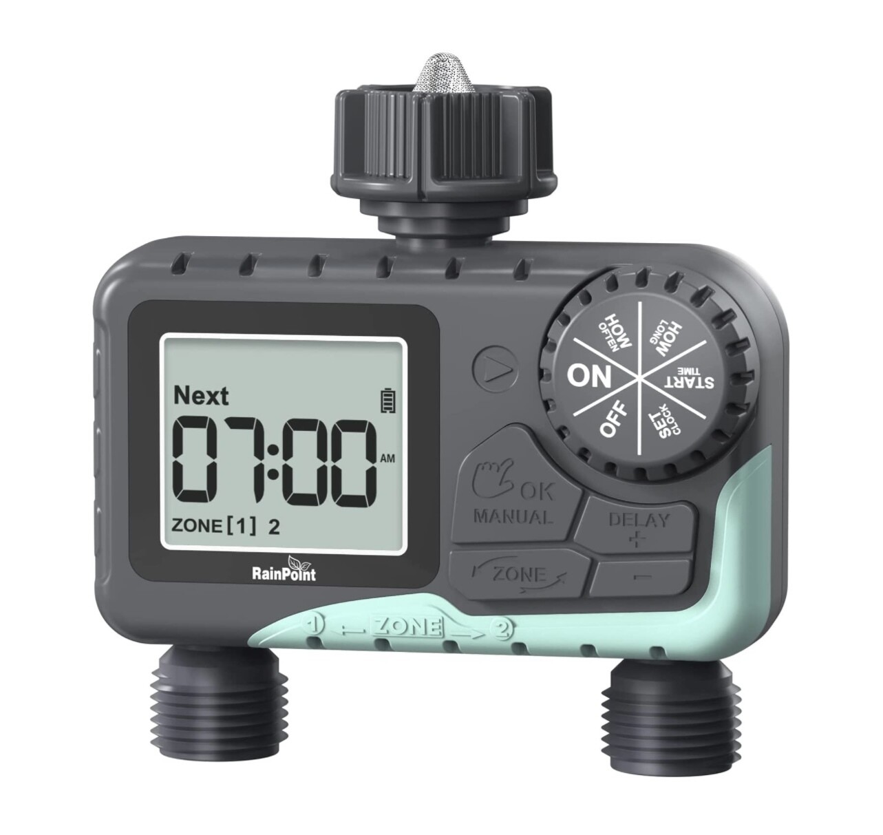 Temporizador de aspersor RAINPOINT para exteriores, temporizador de agua programable para manguera de jardín, sistema de temporizador de riego por goteo, 2 entradas