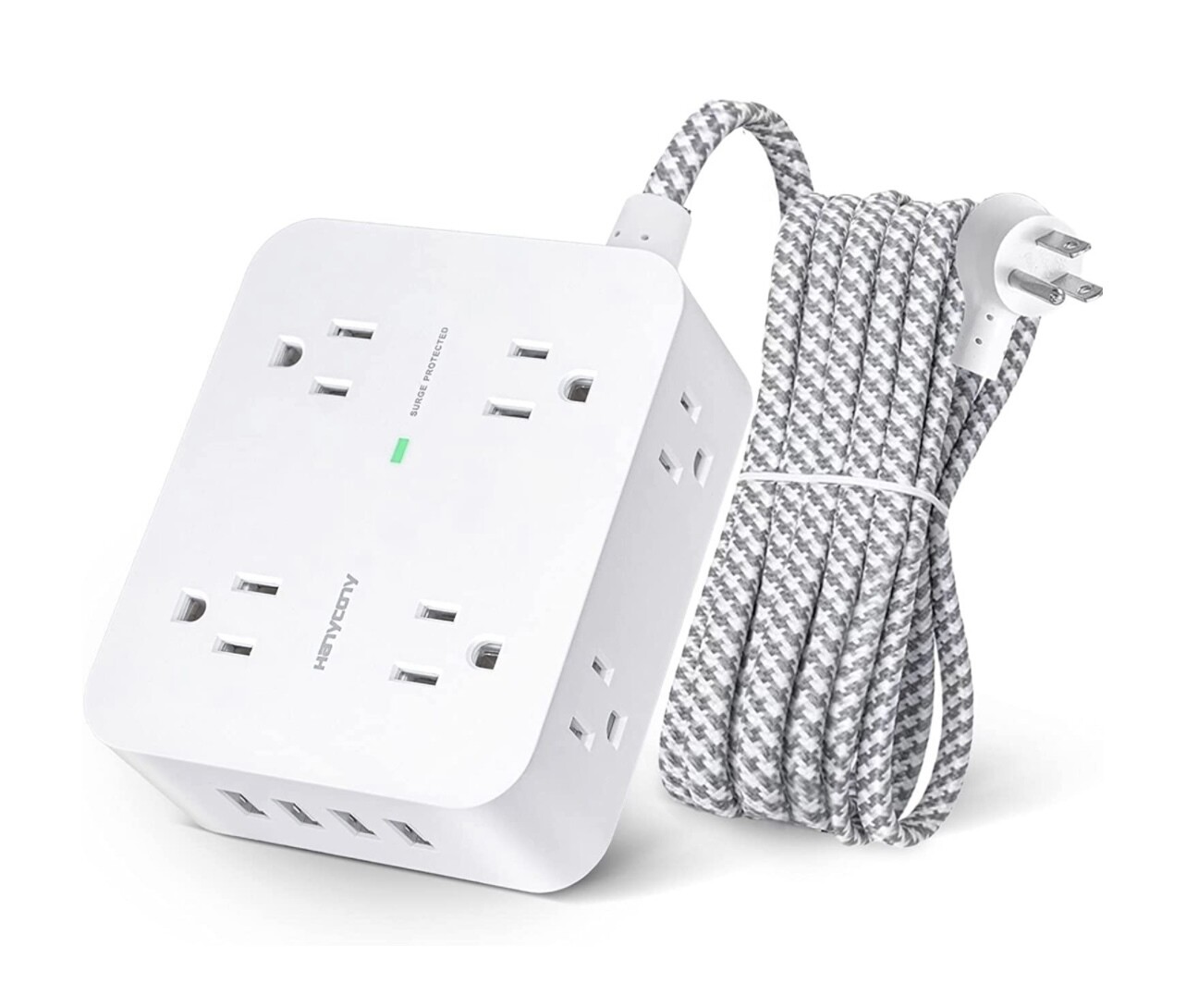 Tira de alimentación con protector contra sobretensiones: 8 salidas amplias con 4 puertos de carga USB, extensor de salida lateral 3 con cable de extensión trenzado de 5 pies