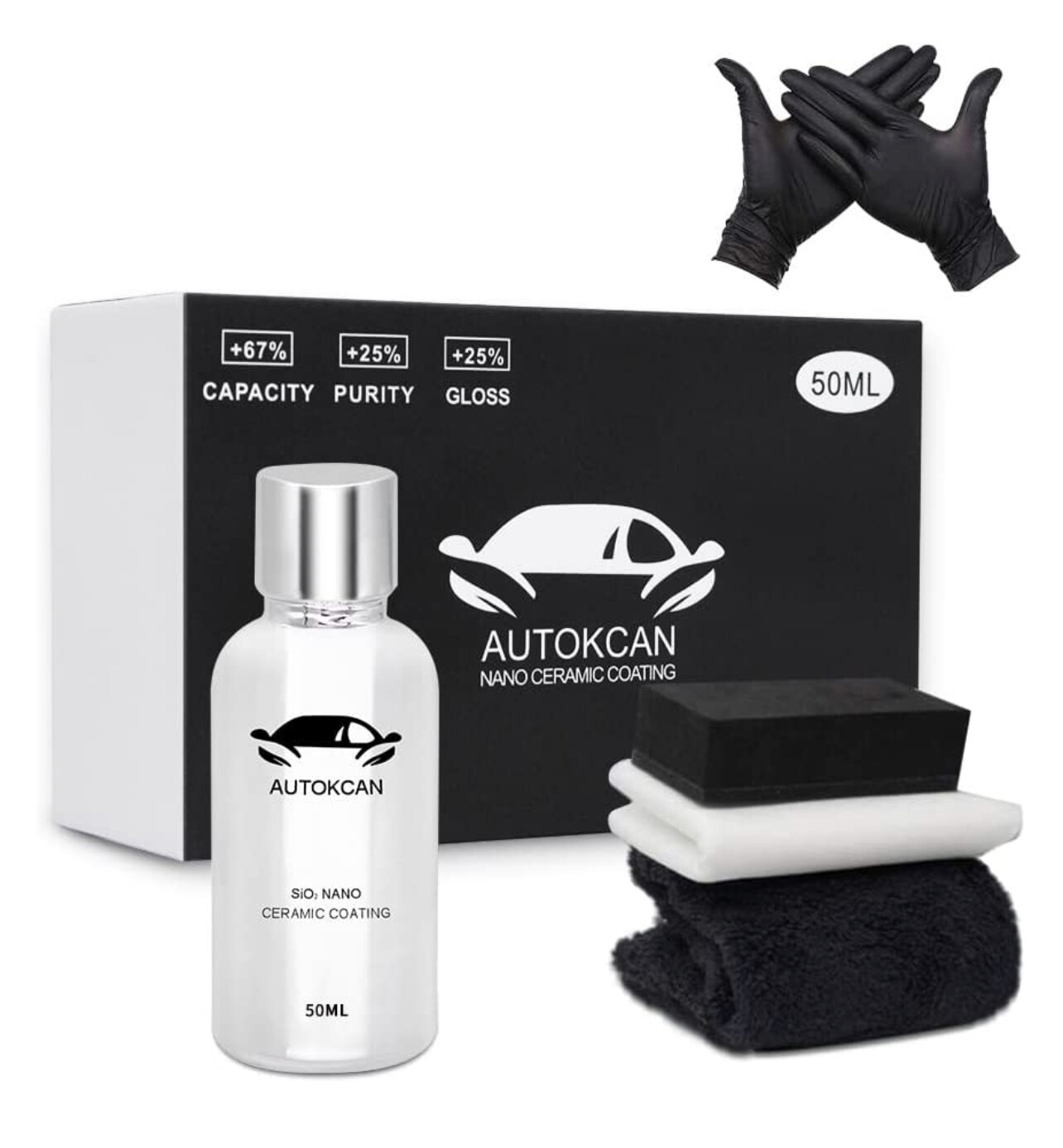 Autokcan Nano Revestimiento de cerámica para automóviles, 10H de alto brillo 50ML Anti-Scratch SiO2 Revestimiento de cerámica Súper hidrofóbico Espejo Pintura Sellador Protección con guantes