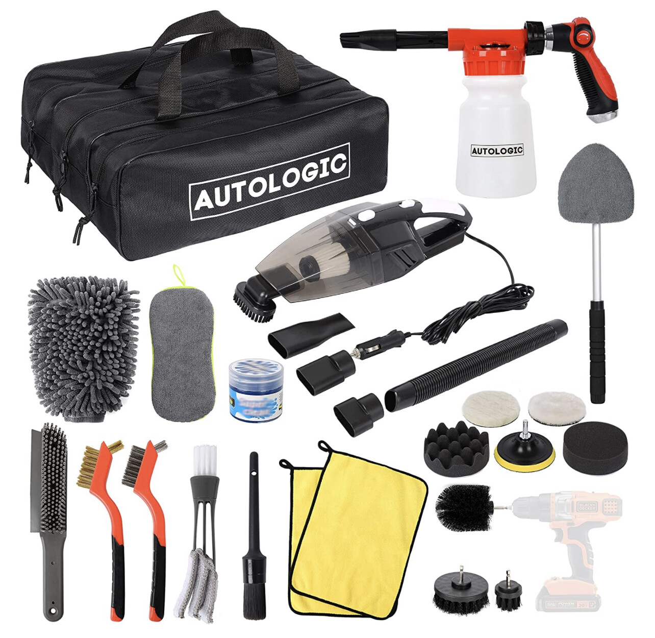 Autologic Car Detailing Kit - Kit de limpieza exterior e interior de 26 piezas - Aspiradora, pistola de espuma, manoplas, cepillos, gel, herramienta para parabrisas, aplicadores, paños - Herramientas