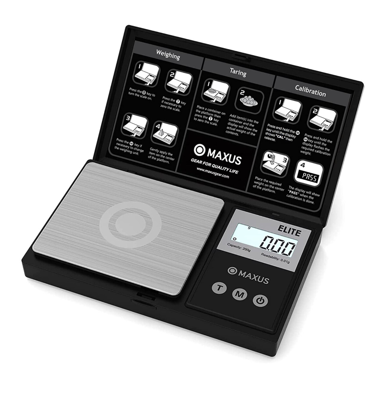 Báscula de bolsillo de precisión MAXUS 200 g x 0,01 g, báscula de gramo digital Elite, báscula pequeña, mini báscula de alimentos, báscula de joyería, báscula de onzas/granos