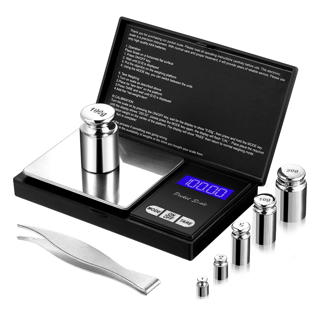 Juego de báscula de bolsillo digital, 100 g 0,01 g Mini báscula Báscula de gramos electrónica con 1 g, 2 g, 5 g, 10 g, 20 g, 100 g Peso de calibración y Pinzas de peso de calibración
