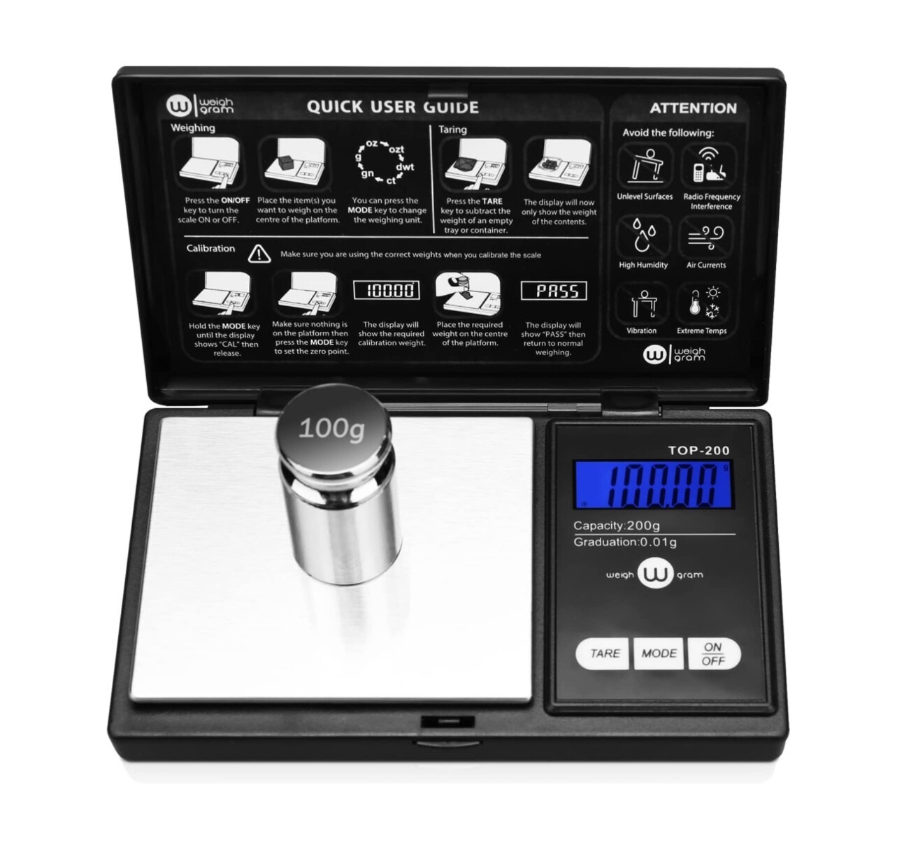 Balanza de bolsillo digital con escala de gramos de peso, 200 g x 0,01 g, escala de gramos digital, escala de alimentos, escala de joyería negra, escala de cocina