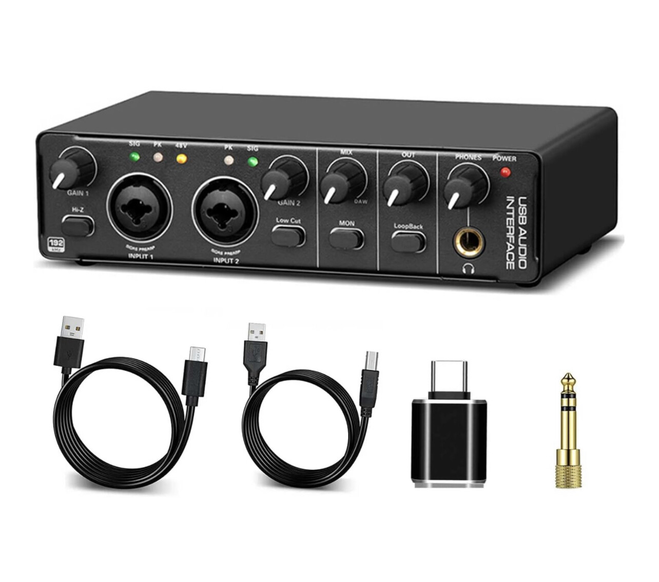 Interfaz de audio USB RHM, interfaz de audio RHM 2 en 2 salidas con alimentación fantasma de 48 V para grabación, mezclador de audio profesional y preamplificador de micrófono Puertos XLR/TSR/TS