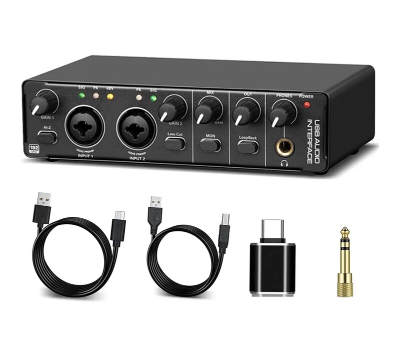 Interfaz de audio USB RHM, interfaz de audio RHM 2 en 2 salidas con alimentación fantasma de 48 V para grabación, mezclador de audio profesional y preamplificador de micrófono Puertos XLR/TSR/TS
