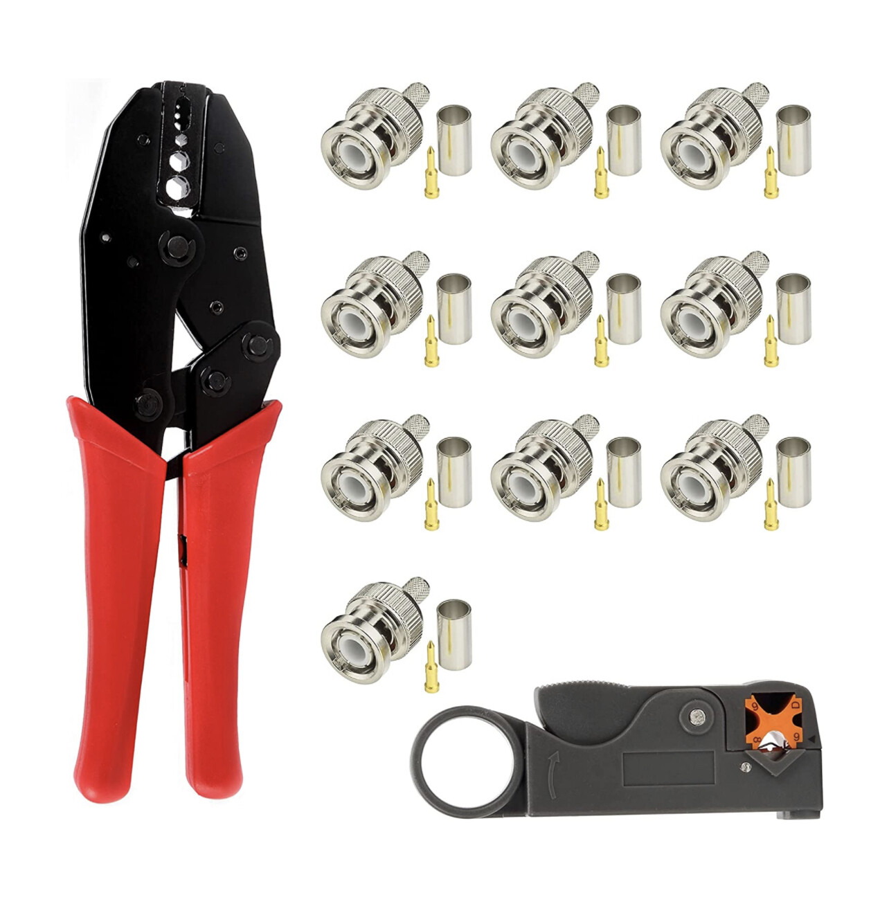 Trisewenic Juego de herramientas para cable coaxial, conectores de crimpado BNC RG60 y herramienta de crimpado para pelar cables coaxiales Juego de herramientas para pelar cables coaxiales para RG58/R