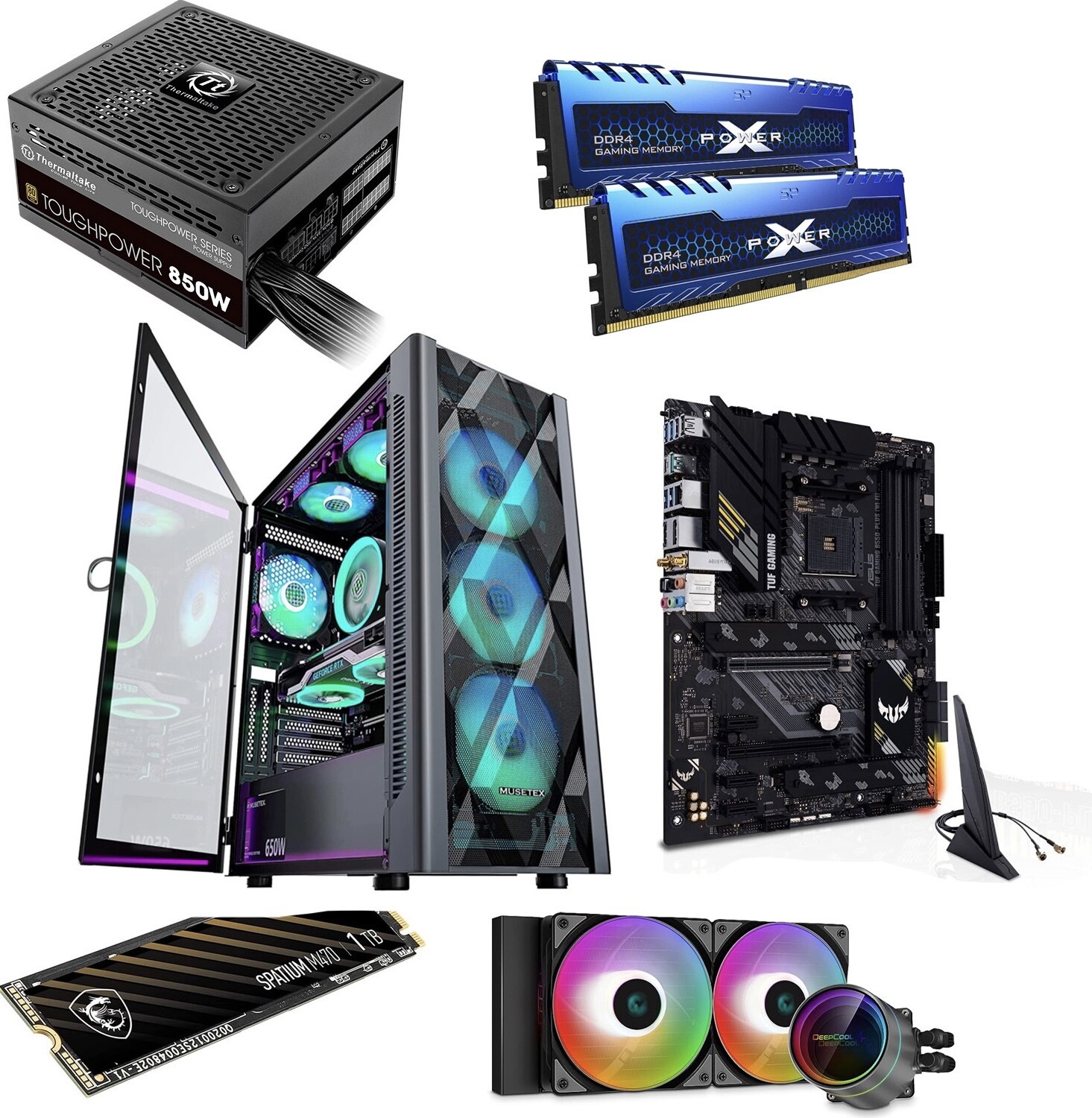 KIT BASE PC Gamer, MUSETEX ATX PC Case DeepCool Castle 240EX Liquid Cooler, ASUS TUF Gaming B550-PLUS, MSI SPATIUM M470 PCIe 4.0 NVMe M.2 1TB SSD Interno, Silicon Power DDR4 RAM 16GB (8GBx2), Thermalt