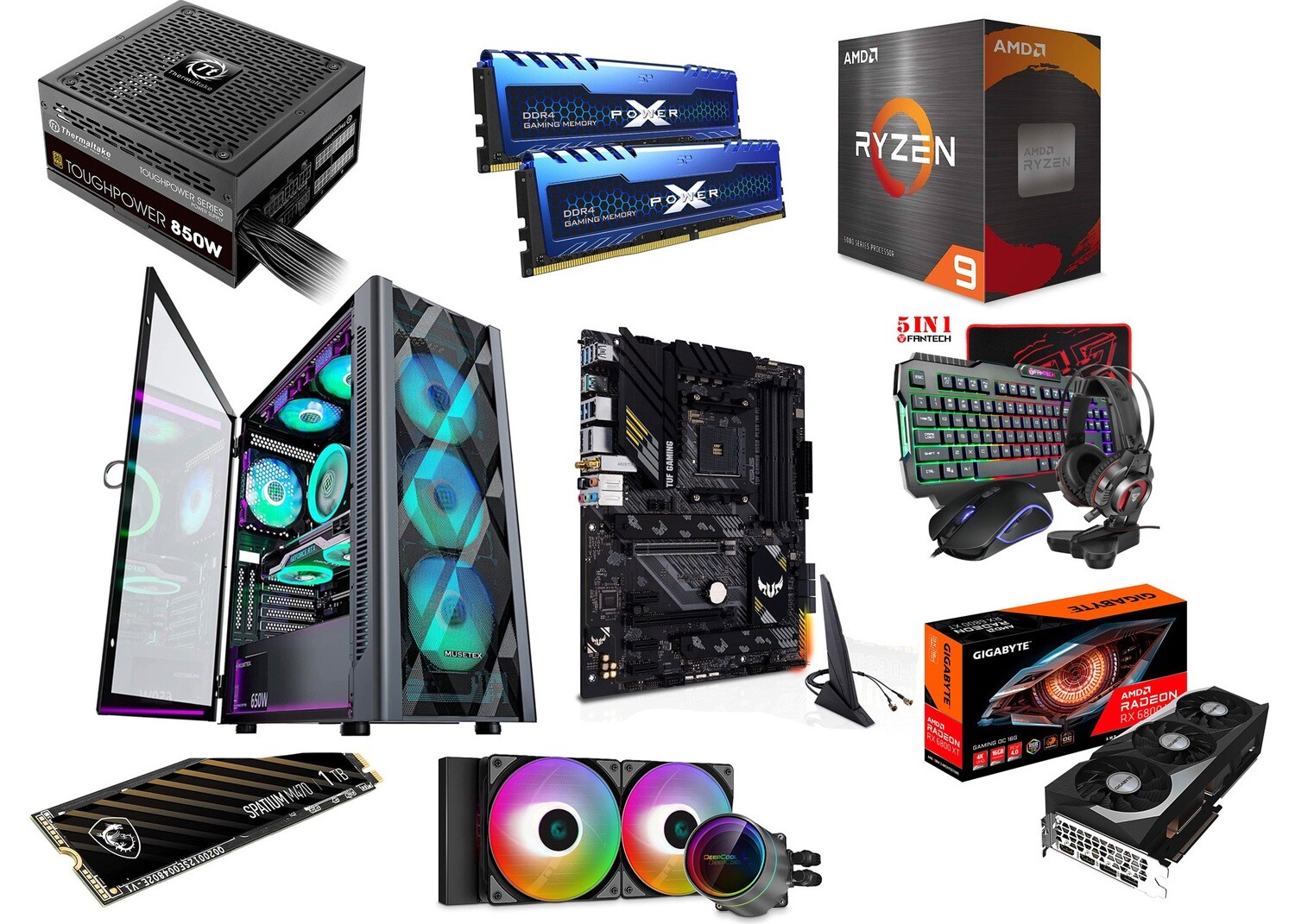 Potente Computadora Gamer, AMD Ryzen 9 5900X 12-core, GIGABYTE AMD Radeon RX 6800 XT Gaming OC 16G, MUSETEX ATX PC Case Mid-Tower, DeepCool Castle 240EX Liquid Cooler 240mm, ASUS TUF Gaming B550-PLUS,