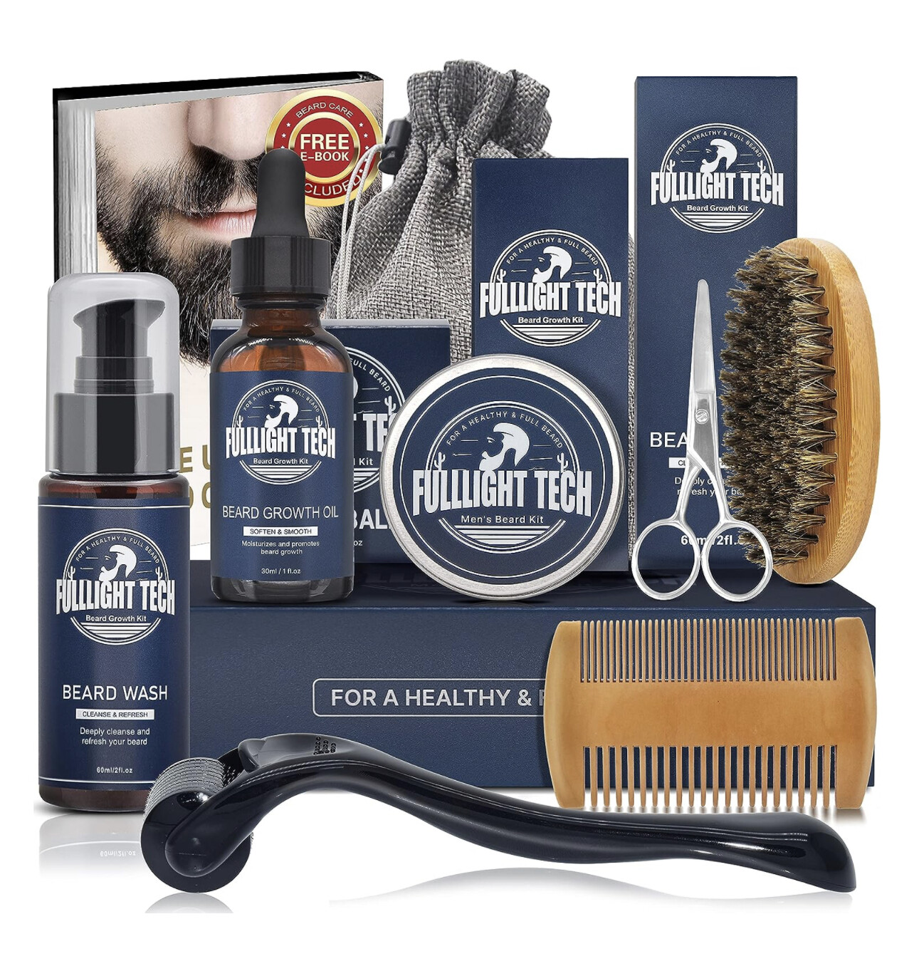 Kit de crecimiento de barba Fulllight tech, kit de cuidado de barba para hombres con aceite de crecimiento de barba, champú para barba, bálsamo, peine, tijeras, cepillo para el cuidado y afeitado, lib