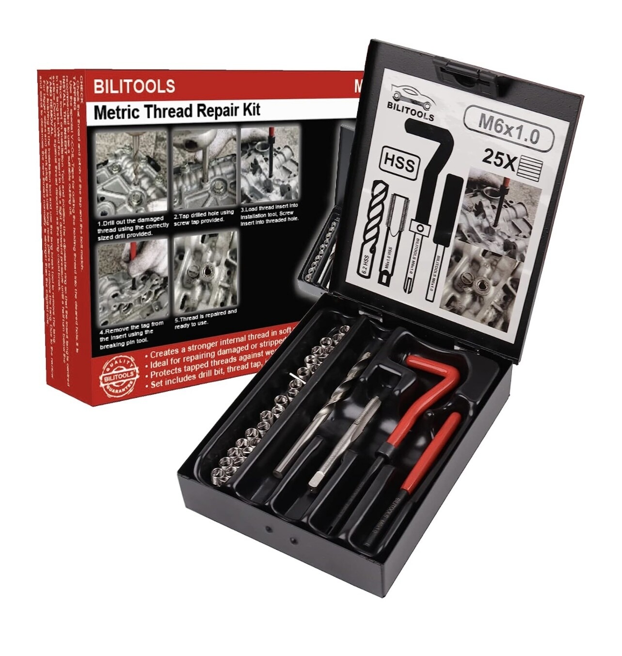 BILITOOLS Kit de reparación de roscas M6x1.0, kit de reparación de helicoil de taladro HSS métrico