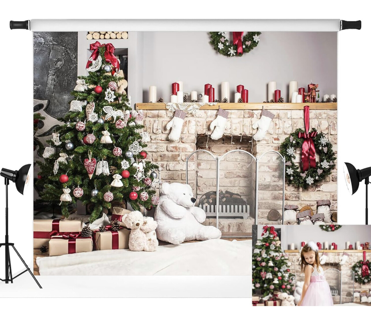 Kate Fondo navideño de 10x8 pies para fotografía Ladrillo Blanco Chimenea Oso Árbol de Navidad Fondos de Papá Noel