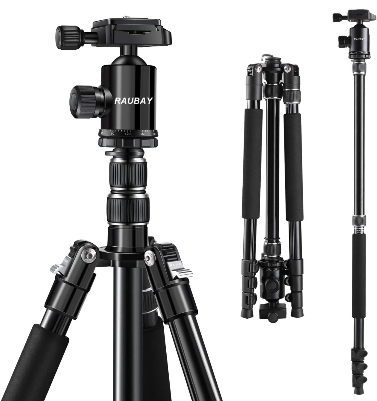 RAUBAY Trípode y monopié para cámara DSLR de 81&quot;, trípode portátil liviano para viajes y trabajo con columna central desmontable y cabezal de bola panorámico de 360°, placa QR de 1/4&quot;, soporte de alum
