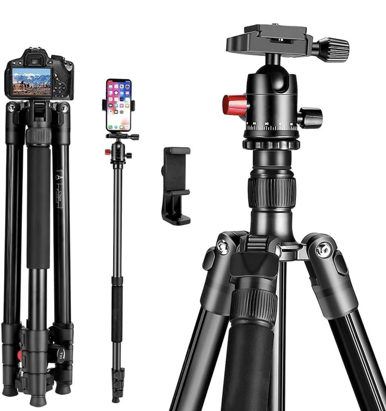ZIKZOK Trípode profesional para cámara DSLR de 62 pulgadas con soporte para teléfono para viajes, súper liviano y con estabilidad confiable, trípode con cabeza de bola, monopié desmontable con bolsa d