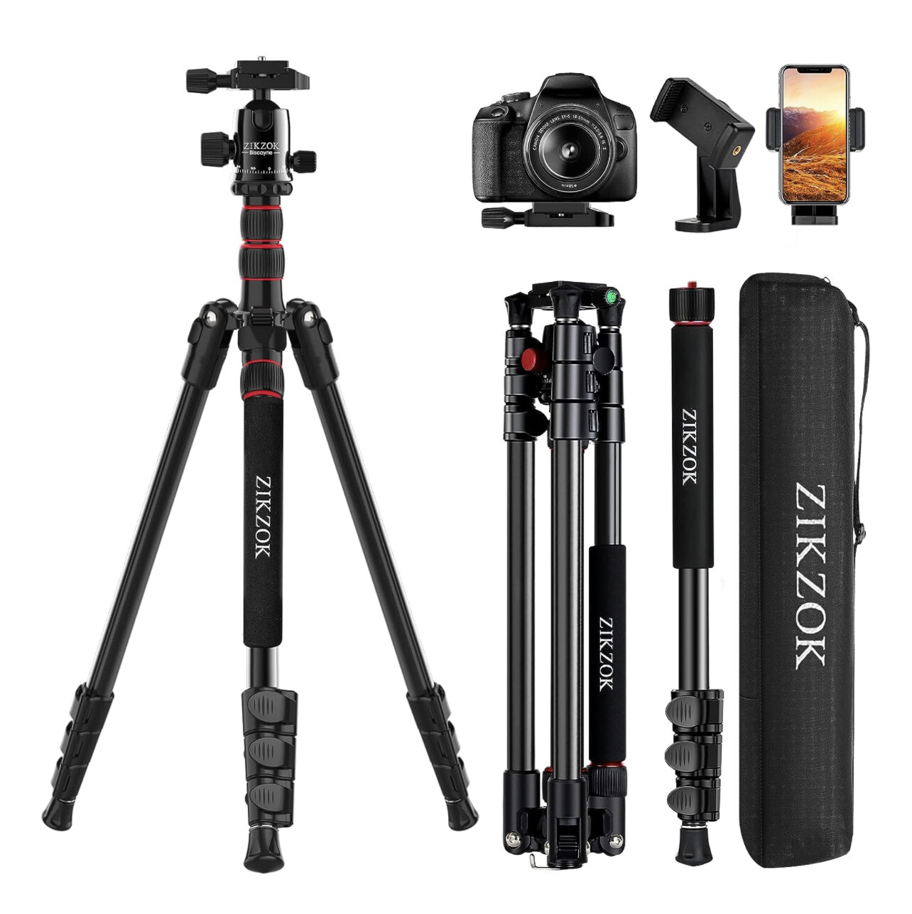 Trípode para cámara ZIKZOK de 80 pulgadas, trípodes y monopiés ligeros y resistentes de viaje con cabezal esférico de 360°, soporte para teléfono, carga de 33 libras