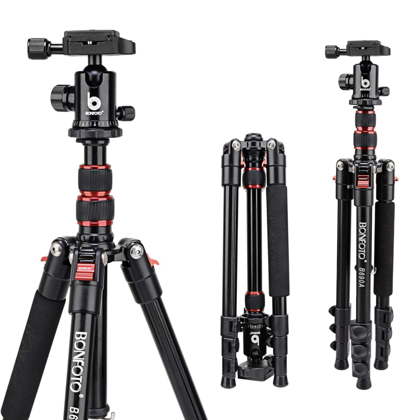 Trípode de cámara BONFOTO B690A para viajes, trípode DSLR portátil de aluminio ligero con cabezal de bola de 360 ​​grados y bolsa de transporte