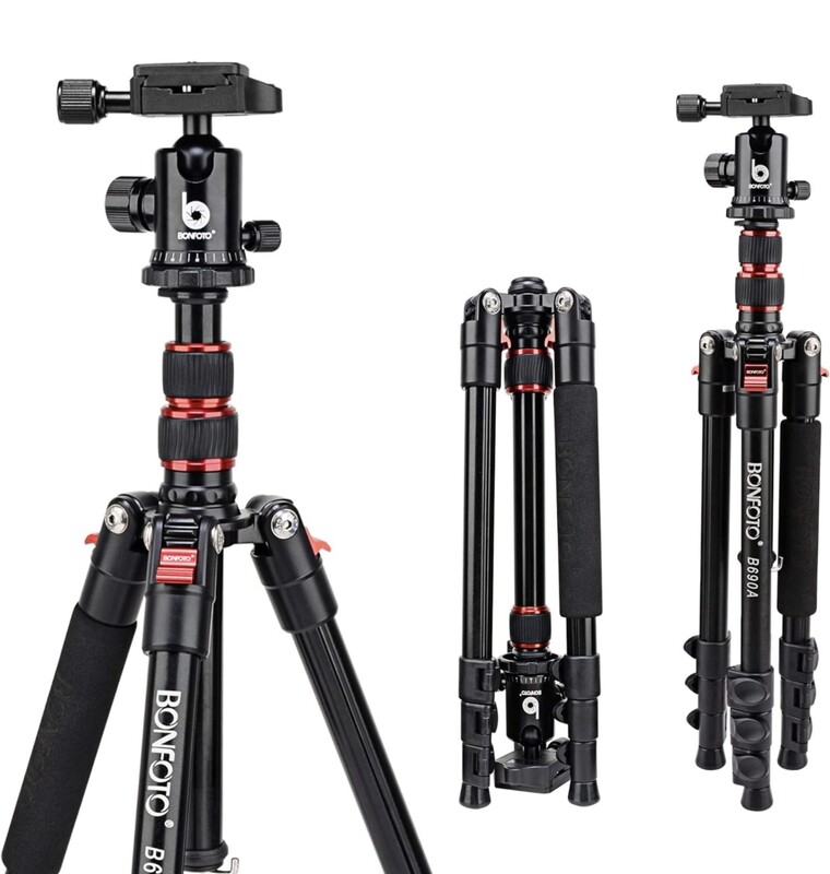 Trípode de cámara BONFOTO B690A para viajes, trípode DSLR portátil de aluminio ligero con cabezal de bola de 360 ​​grados y bolsa de transporte