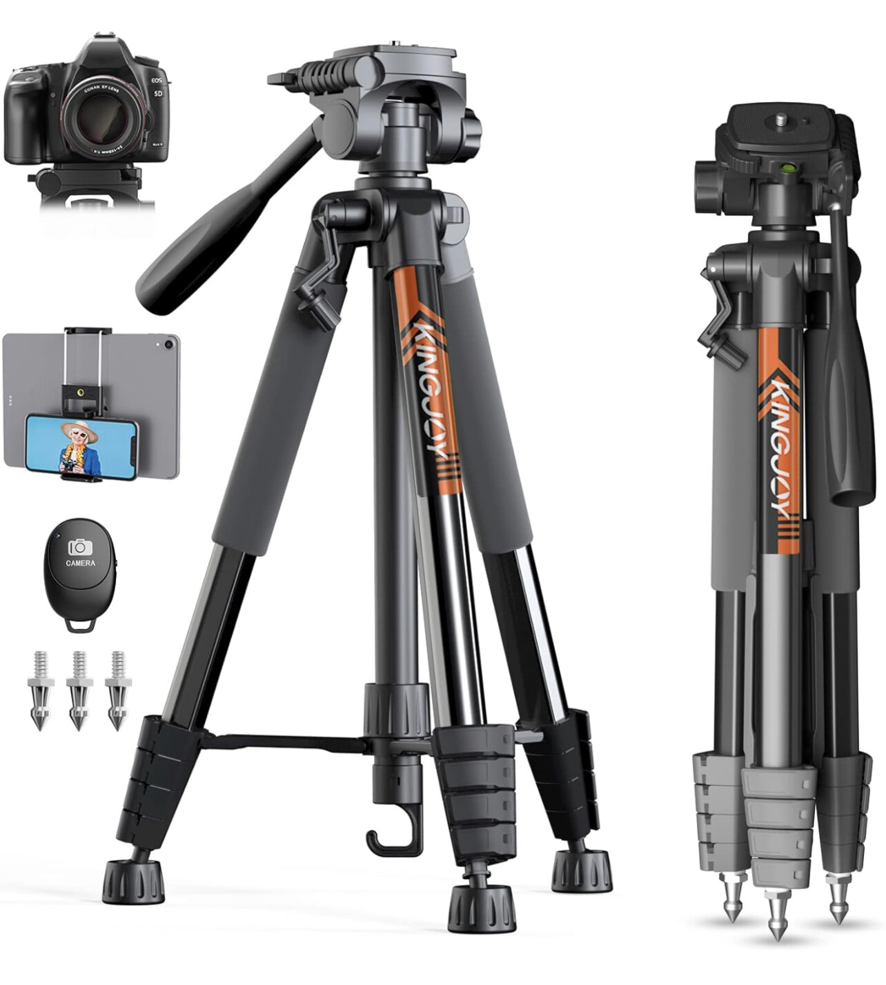 Trípode de cámara KINGJOY de 75 &quot;para teléfono móvil Canon Nikon trípode alto con bolsa de viaje remota inalámbrica soporte para tableta y teléfono