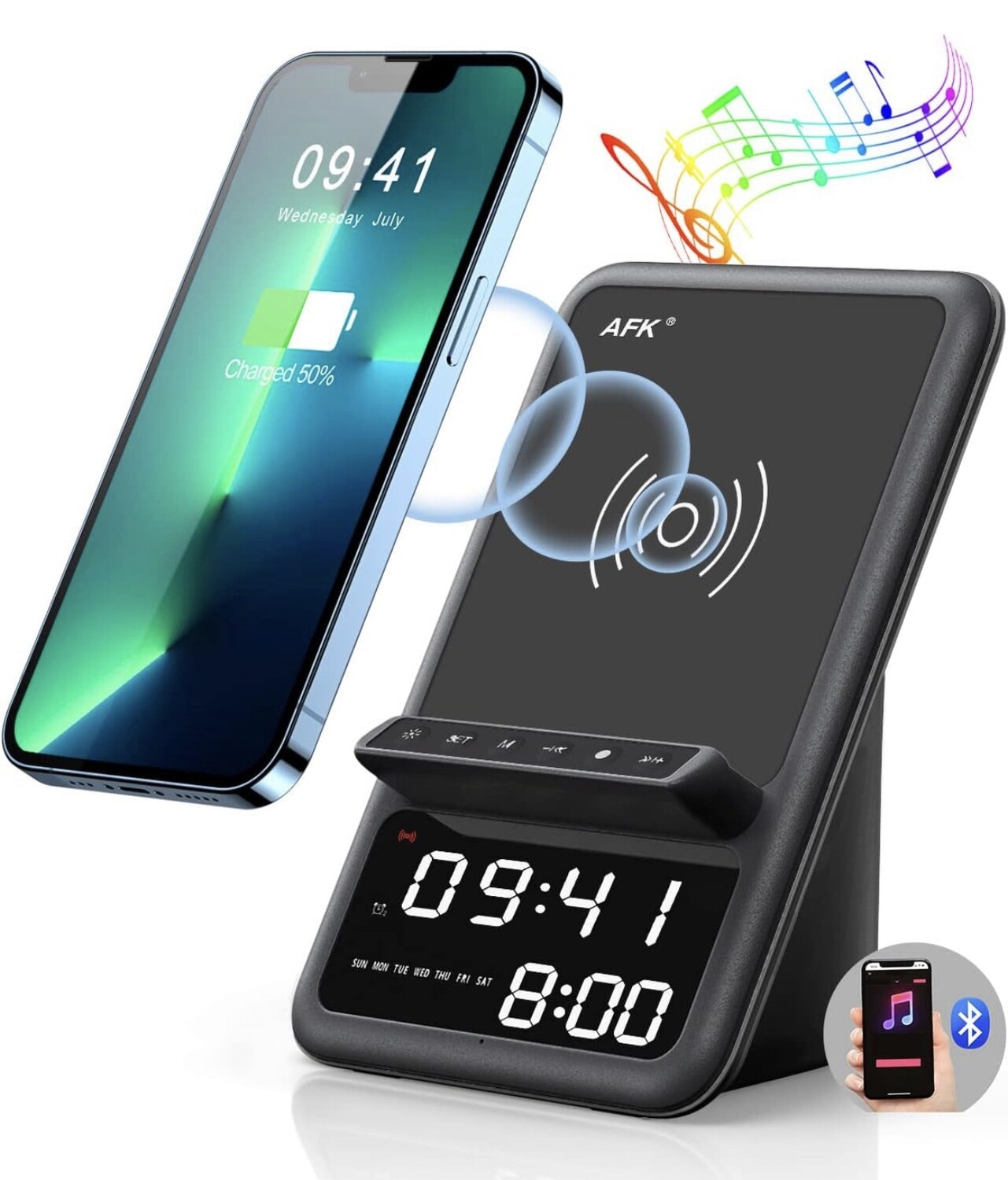Estación de carga inalámbrica AFK con altavoz Bluetooth y despertador, cargador inalámbrico 4 en 1