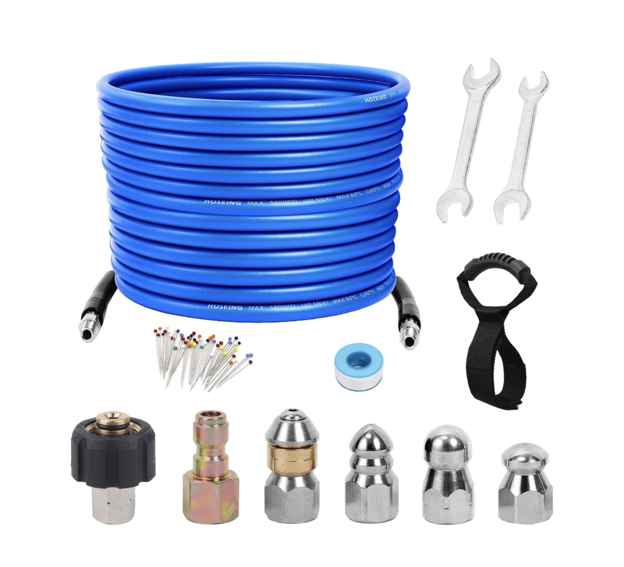 Kit de chorro de alcantarillado de 50 pies para lavadora a presión, 5800 PSI limpiador de drenaje de chorro de agua manguera de esquina botón giratorio boquilla de chorro de alcantarillado de 1/4 pulg