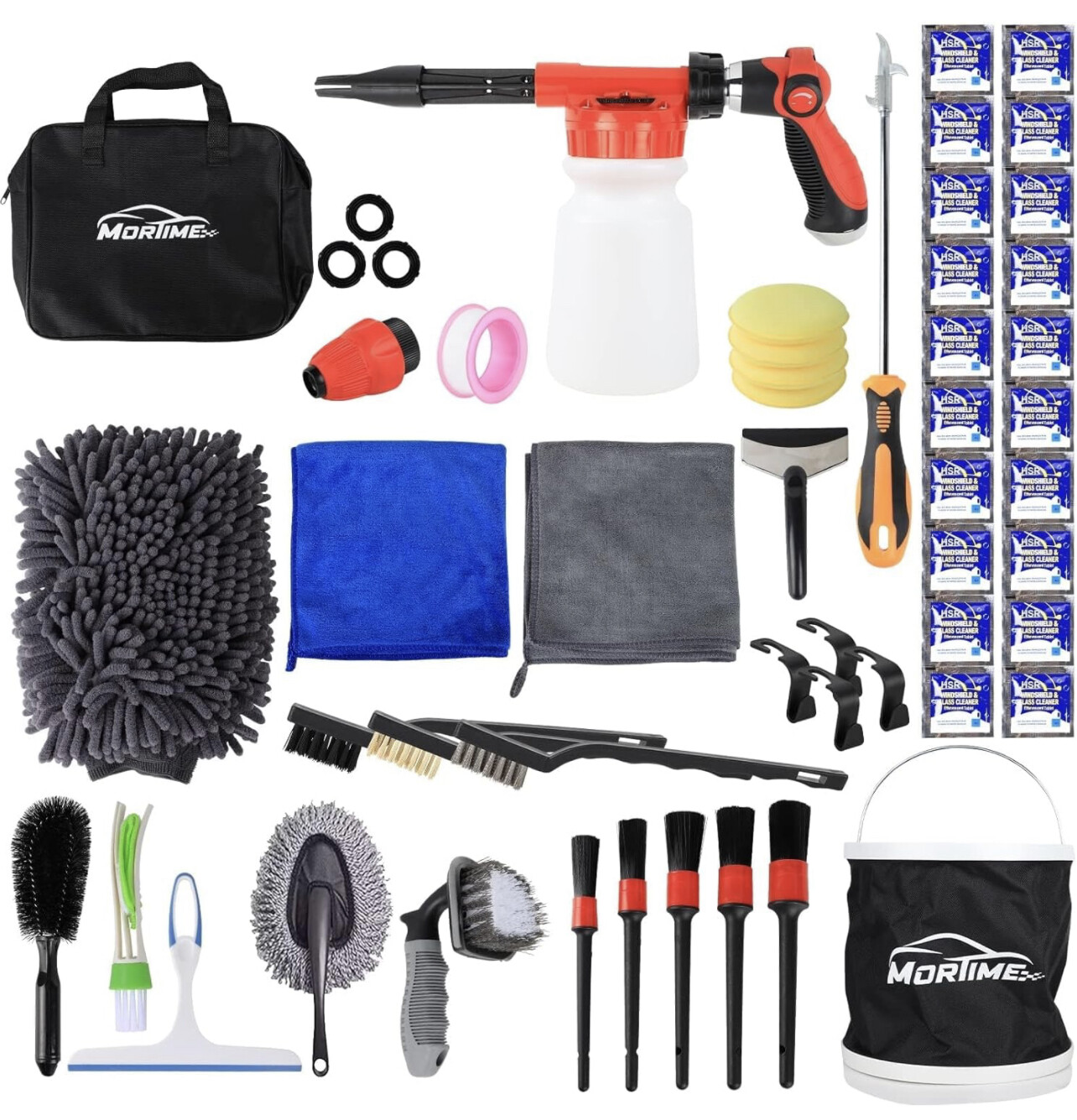 MorTime Kit de Lavado de Autos de 54 Piezas con Pistola de Espuma, Manopla de Lavado, Toallas de Esponja, Raspador de Agua para Ventana de Poste Largo, Cepillo para neumáticos, Cepillos para Detalles,