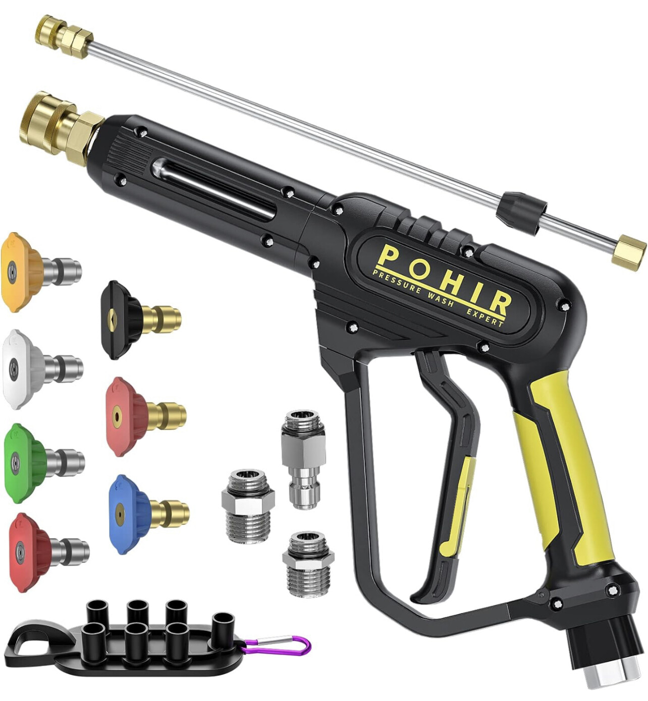 Pistola de lavado a presión de 3600 PSI con varilla de extensión de conexión rápida giratoria de 3/8 pulgadas, ajuste M22 de 15mm y M22 de 14mm, 7 puntas de boquilla de 30 pulgadas