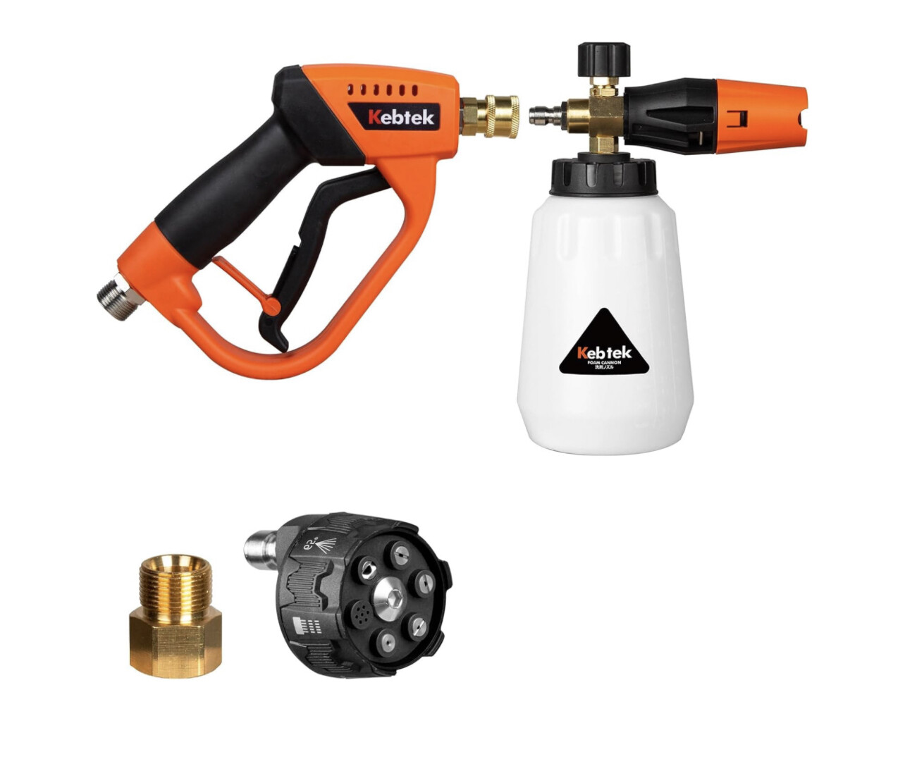 Cañón de espuma Kebtek con pistola de lavado a presión 5200 PSI, pistola de lavado a presión con kit de conexión rápida de lavado a presión y puntas de boquilla 6 en 1, M22 y conexión rápida de 1/4 pu