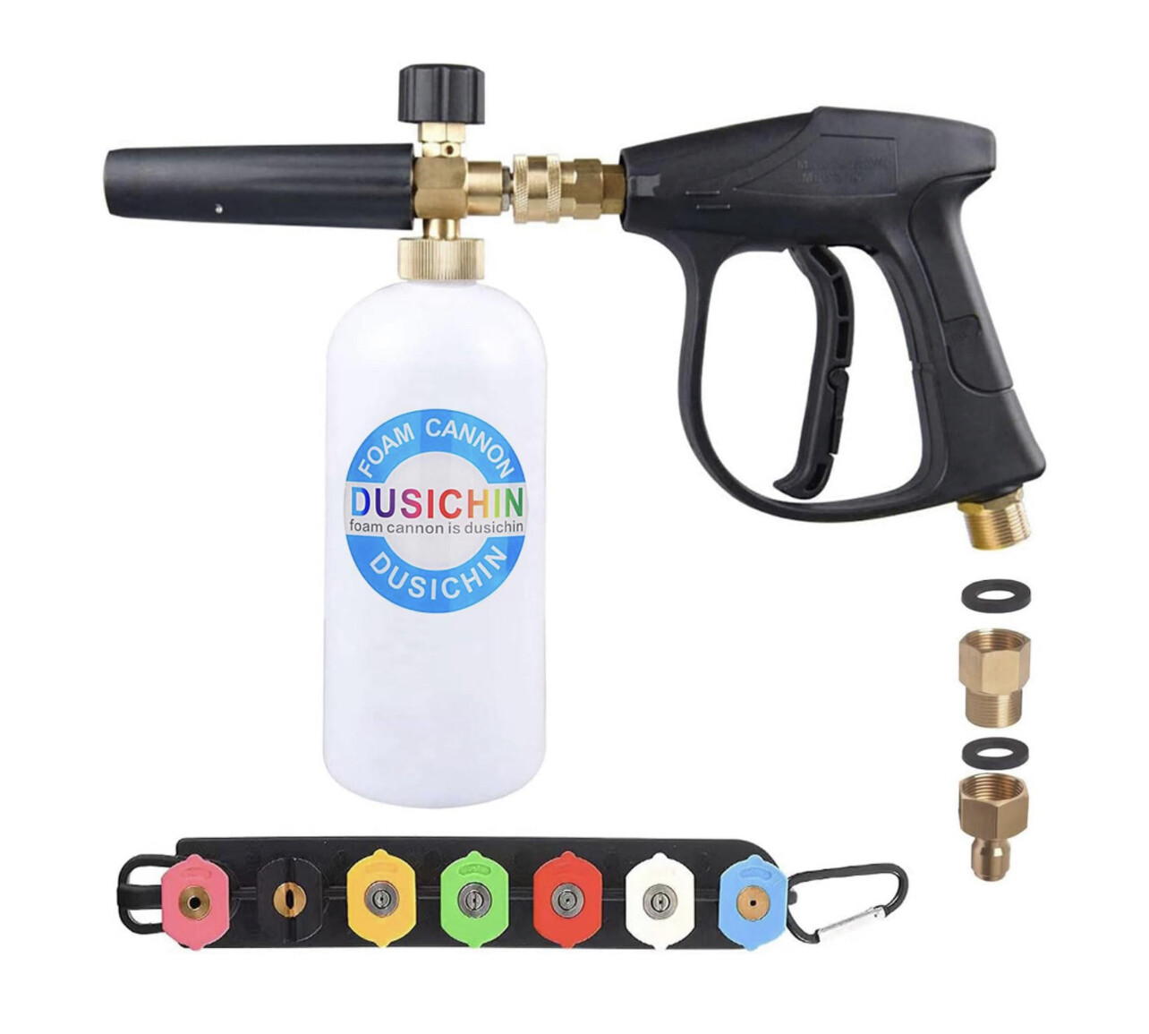 DUSICHIN Pistola de lavado a presión Lanza de espuma para nieve 7 Punta de boquilla de lavado a presión 1/4 pulgadas Soporte de punta de conector rápido 33 Oz