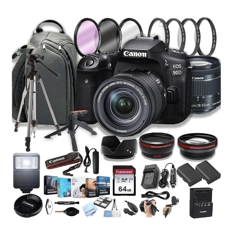 Cámara Canon EOS 90D DSLR con lente de zoom EF-S 0.709-2.165 in F/4-5.6 STM + mochila 100S + tarjetas de memoria de 64 GB, paquete de fotografía profesional