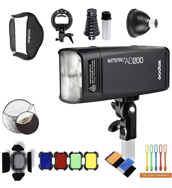 Kit de luz estroboscópica Godox AD200 Flash Speedlite con softbox de 24x24, soporte tipo S, reflector 5 en 1 de 32&quot;, kit de puerta de granero BD-07