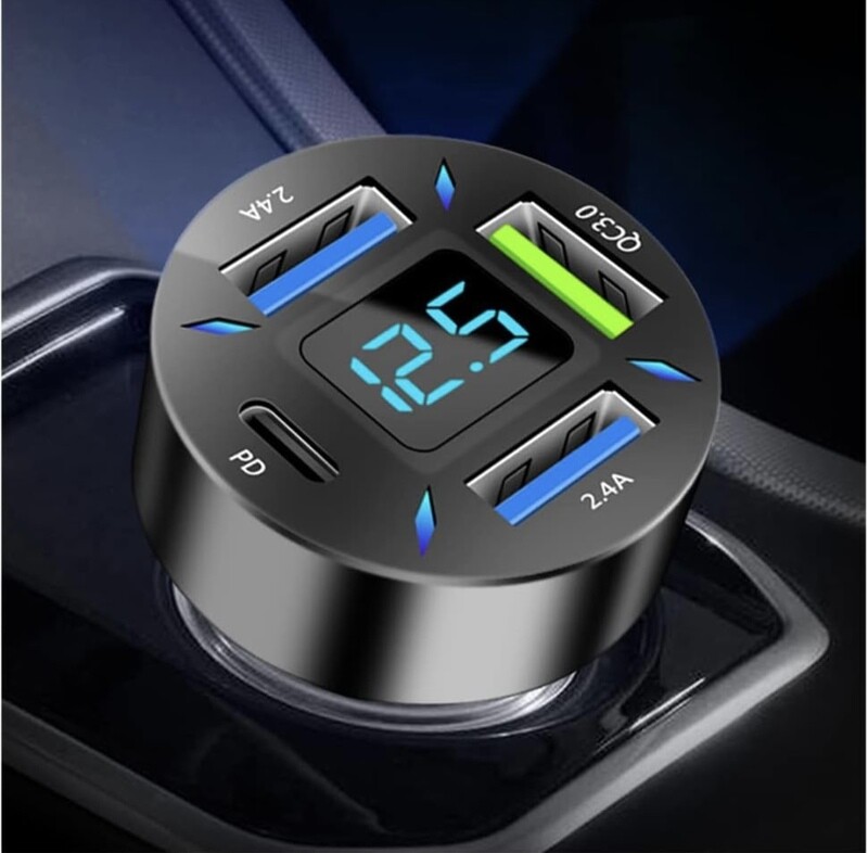 Cargador de coche de carga súper rápida de 66W con USB PD&amp;QC 3.0 (voltímetro y luces LED) Carga rápida universal