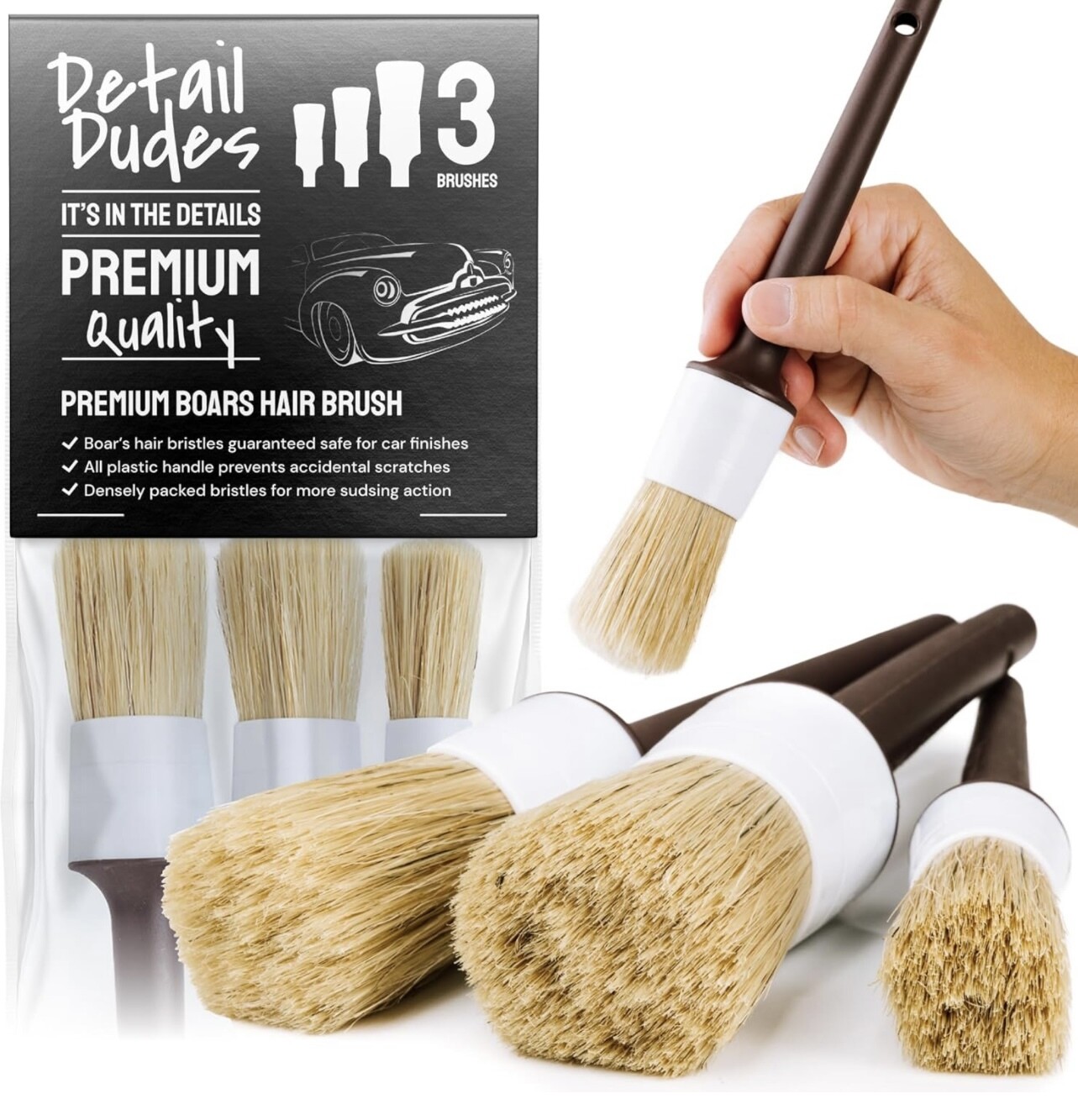 Detail Dudes Cepillo para detalles de automóviles, pelo de jabalí ultra suave, juego de 3, cepillos para detalles automotrices