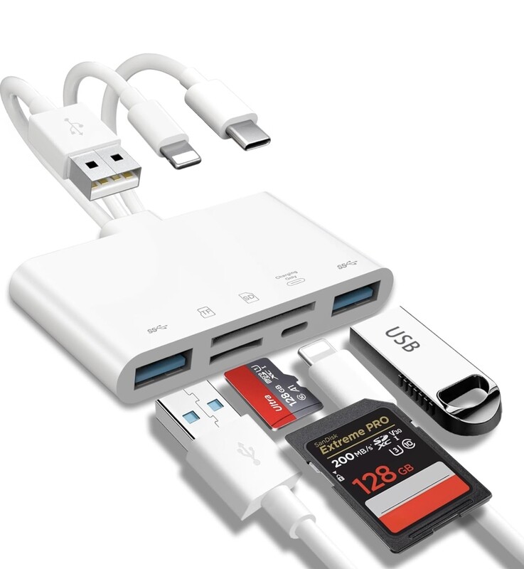 Lector de tarjetas de memoria 5 en 1, adaptador USB OTG y lector de tarjetas SD para dispositivos iPhone/i-Pad, USB C y USB A