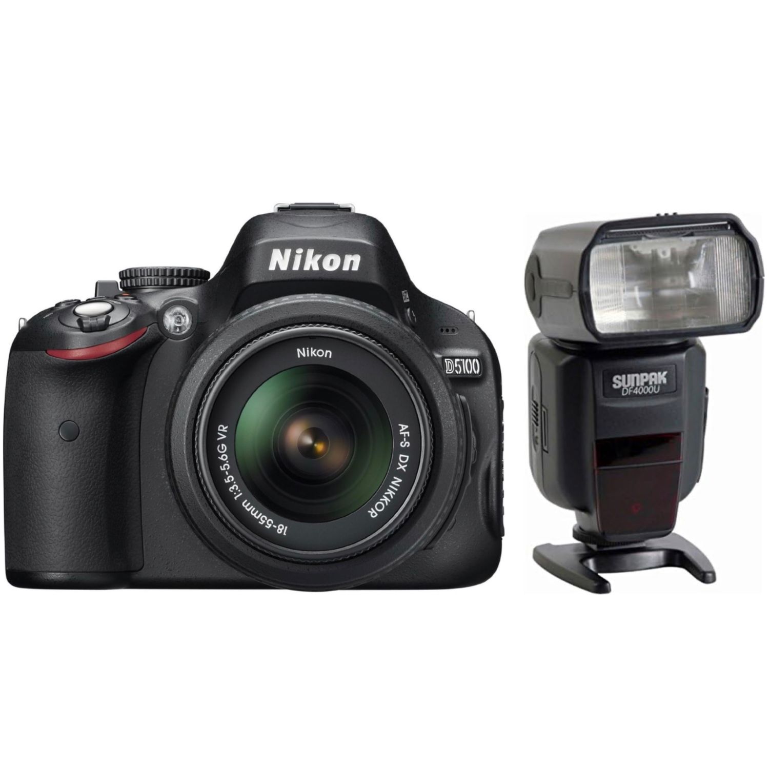 Camara Nikon d5100 + lente Nikon 18-55 af-p F3.5-5.6 GII + memoria 32 gb + flash Sunpak DF 4000u.