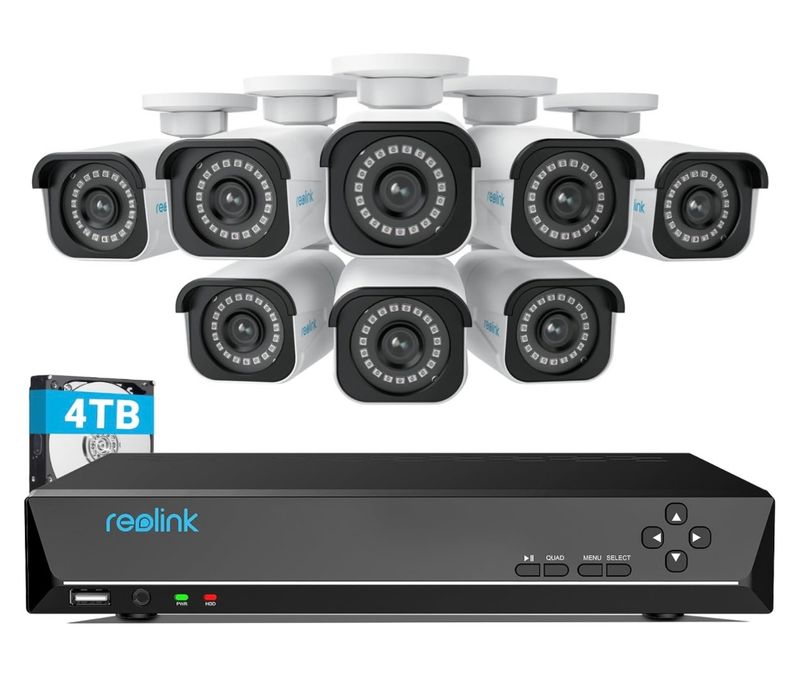 REOLINK Sistema de cámara de seguridad 4K, RLK16-800B8 8 piezas H.265 PoE cableado con detección de persona vehículo, con disco duro de 4 TB para grabación 24-7
