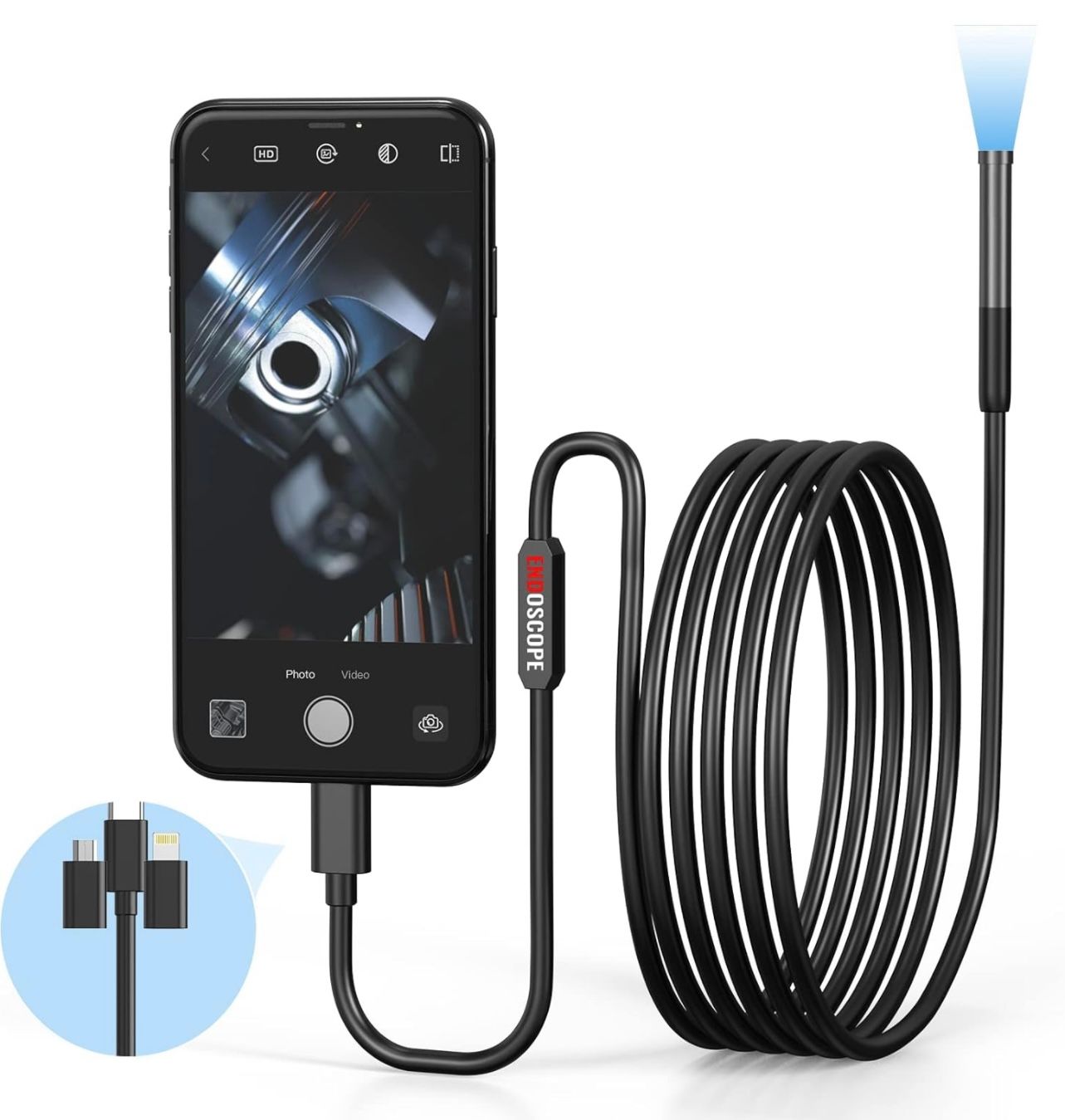 Cámara endoscópica con luz, Boroscopio HD 1080P con 6 luces LED Cable de serpiente semirrígido de 9.8 pies, Cámara de inspección industrial impermeable IP67