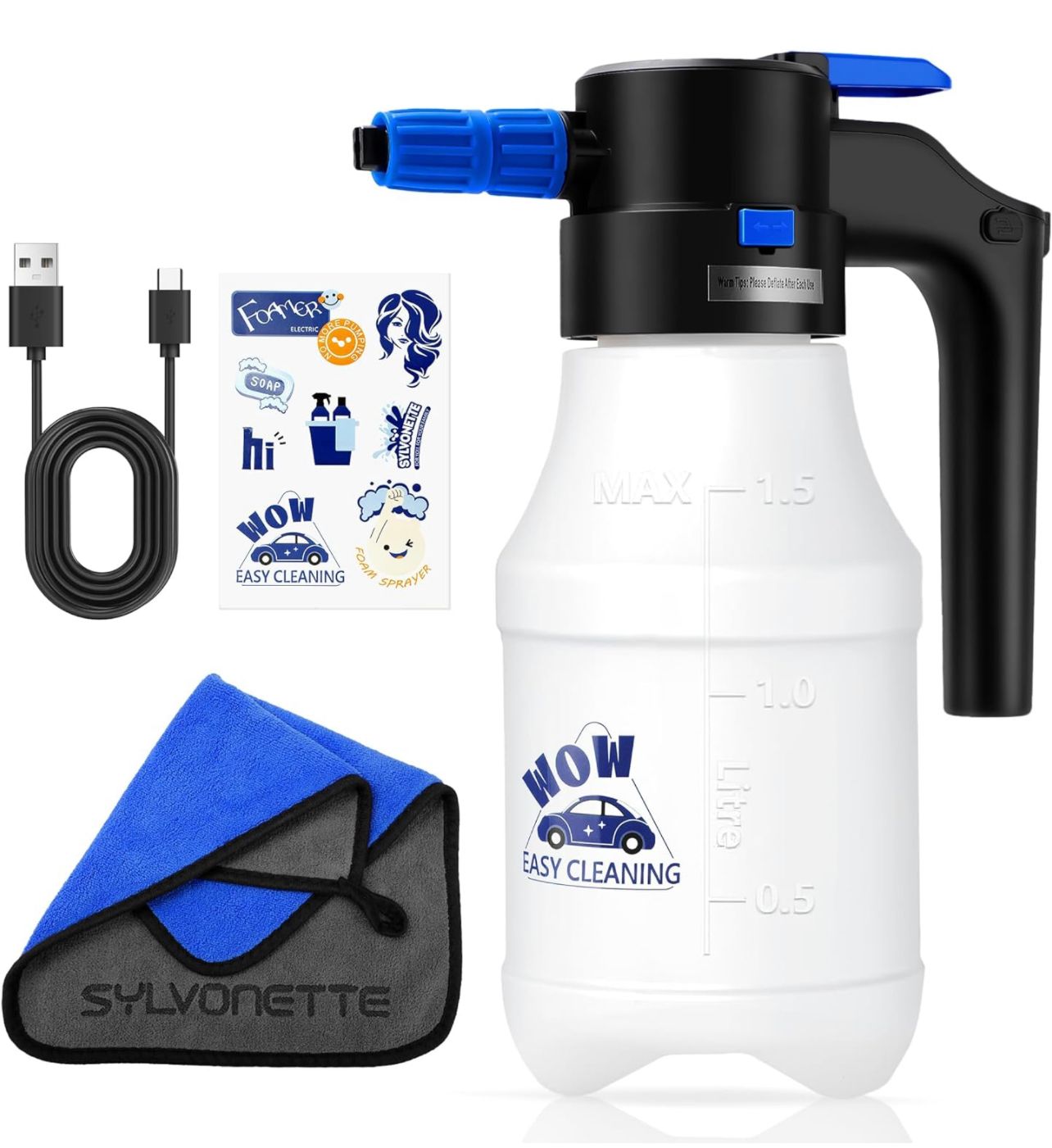 Pulverizador de espuma para coche eléctrico, pulverizador de mano de 1,5 l, Cañón de espuma con batería recargable para lavado de vehículos, pulverizador inalámbrico para coche
